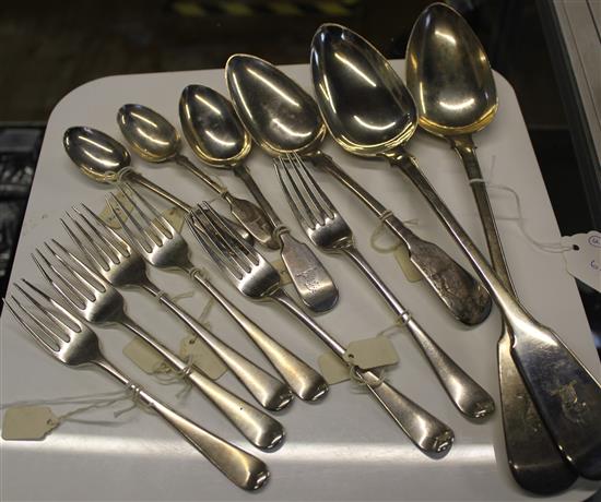 Matched part service of silver fiddle pattern flatware & matched set of 6 dessert forks, crested, Geo & later